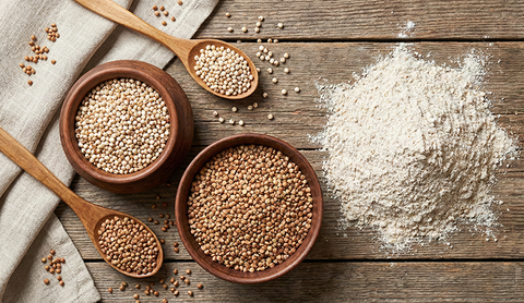 Rustic top-down view of bowls with sorghum and buckwheat ancient grains, wooden spoons, and a pile of gluten-free roti flour on a wooden table, highlighting the nutrient-rich, fibre, and antioxidant ingredients used in Breadables mixes, www.breadables.ca.